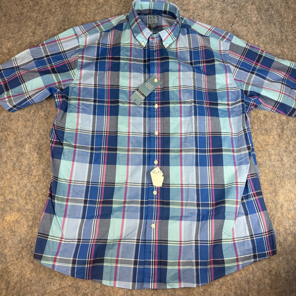 Jos. A. Bank Button Down Mens XL Blue Plaid Stays Cool Short Sleeve Shirt